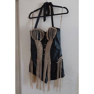 NWT~Sexy & Sultry Akira Black Vegan Leather Romper w/ Gold Chain Fringe Sz XL